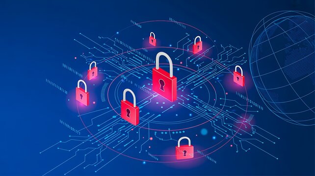 Digital cybersecurity network with padlock icons representing data protection and secure communication concept