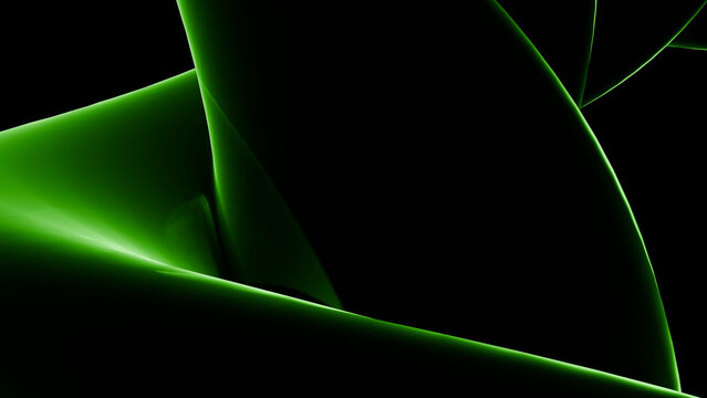 Abstract 3D render of neon green glossy fluid tubes on a black background