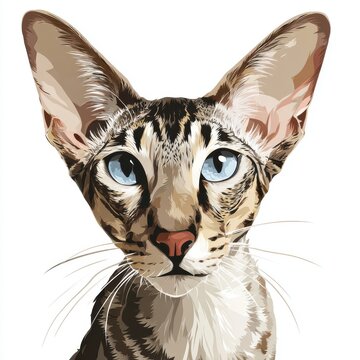 Stylized Digital Illustration Of A Siamese Oriental Shorthair Cat Portrait With Blue Eyes White Background