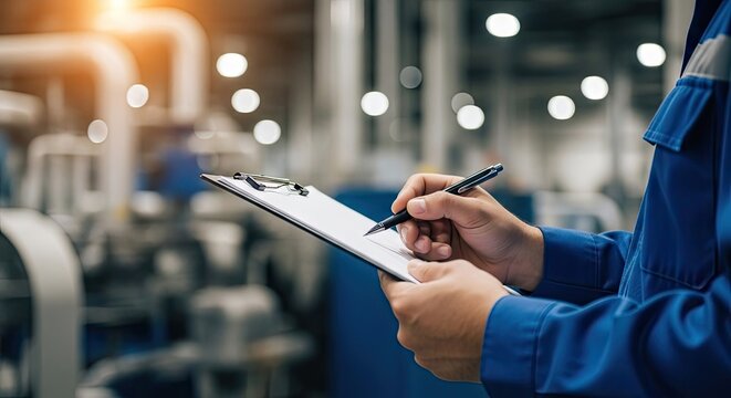 Professional writing on clipboard in industrial facility with equipment details