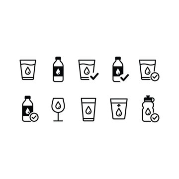 Illustrations of various drink containers and glasses with lemon and water drop icons