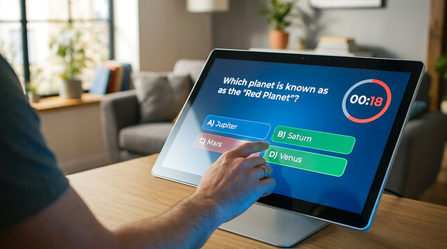 Finger selecting the correct planet answer on a digital quiz screen in a living room setting