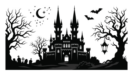 Castle silhouette stands against a dark night sky with bats and a moon. © sajida