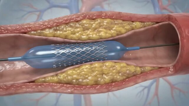 Medical animation of coronary stent placement in a blocked artery