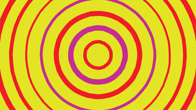 Vibrant circular ring pattern featuring concentric red and magenta circles on yellow background for playful and colorful graphic design art.