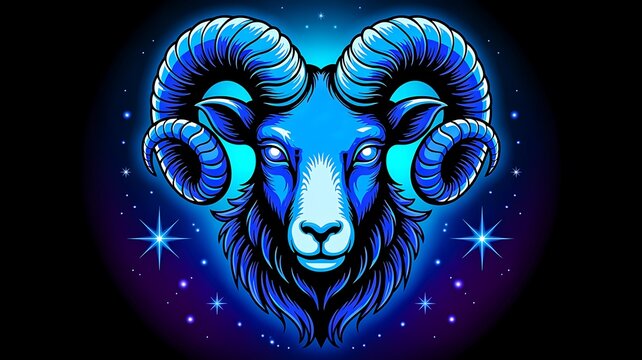 Glowing zodiac aries ram illustration with neon cosmic astrology background