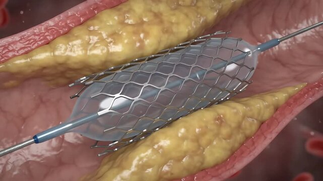 Stent placement procedure to open a blocked artery with plaque