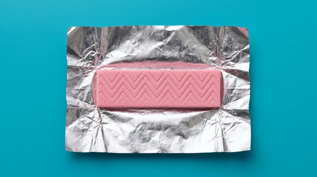 Pink chewing gum in foil wrapper on a blue background, top view.