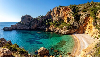 Obraz premium Scenic Mediterranean Sea Coastline on the Island of Crete with Turquoise Water Rocky Shore and Blue Sky Summer Travel Seascape in Greece