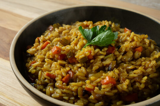 A view of a dairy-free mirepoix risotto entree.