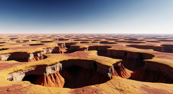 An arid and desolate landscape showing extensive geological erosion, featuring many deep sinkholes and openings leading into underground caverns, subterranean, geography, natural