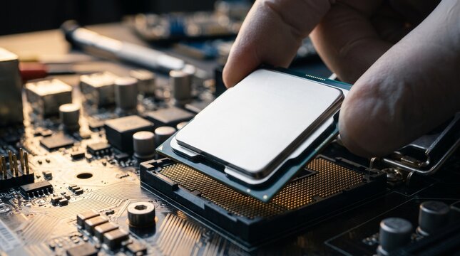 A gloved hand installing a modern desktop CPU processor chip into the pin socket on a complex computer motherboard during assembly.