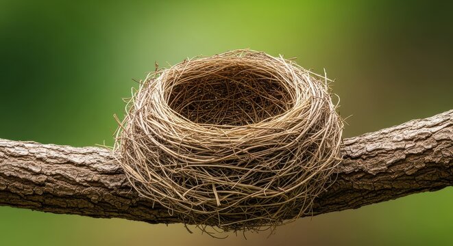 An intricate bird's nest constructed of twigs and straw rests empty on a rough tree limb against a blurred natural background, signifying quiet waiting, shelter, rustic, protection