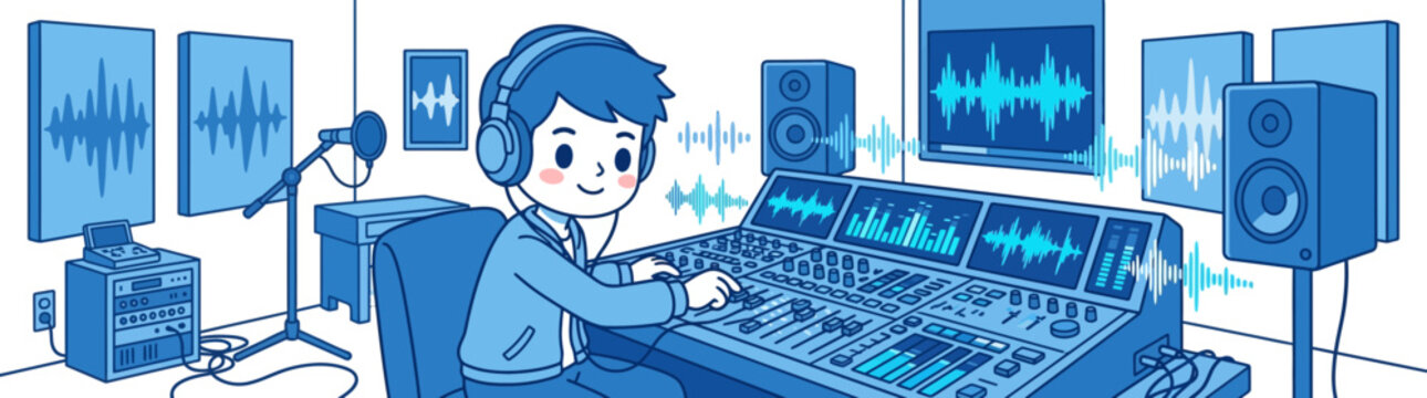 Sound Engineer Working at Audio Mixing Console with Waveform Displays and Speakers