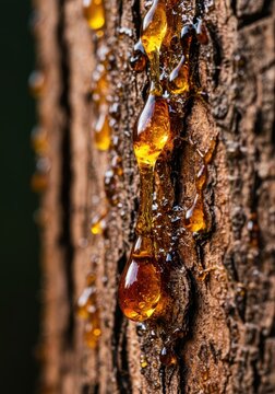 Close up macro view of thick, sticky amber tree sap weeping and dripping down rough brown trunk bark, showing texture and organic flow, pattern, weeping, gooey