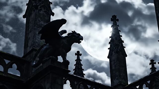 Gargoyle on Cathedral Rooftop Under Full Moon.
