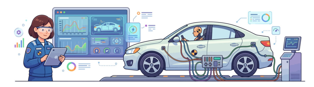 Automotive Engineer Testing Electric Vehicle Performance with Digital Diagnostics