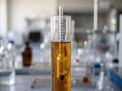 Laboratory hydrometer instrument floating inside glass cylinder filled with amber petroleum sample