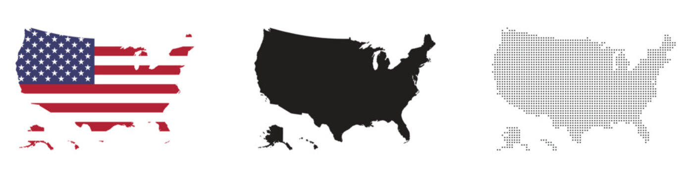 USA Map Collection with American Flag and Black Gray Silhouettes