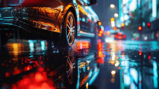 Vehicle tire rolls along a rain-covered city road at night while capturing the colorful reflections of urban neon signage on the wet ground.