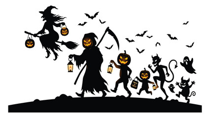 Fototapeta premium Halloween silhouette features a witch and grim reaper with carved pumpkin lanterns isolated on a plain white background.