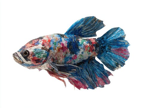 Abstract Mosaic Artistry Of A Blue And Multi Colored Betta Fish Isolated On White Background