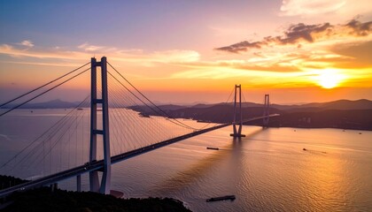 Fototapeta premium Suspension Bridge at Sunset. (1)
