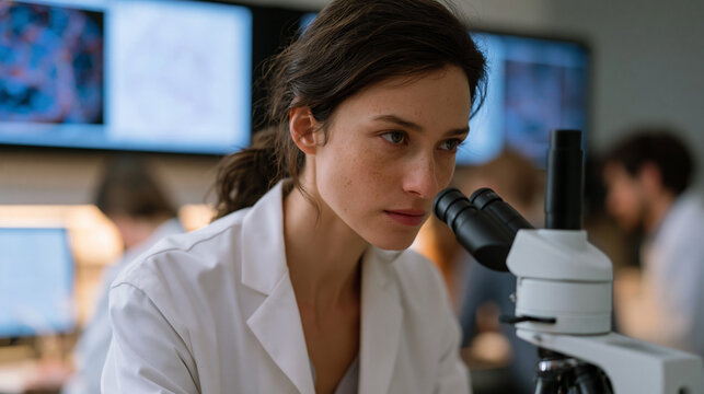 Research technician in sterile laboratory hood leans over a fluorescence microscope examining color-coded connectome mapping slides, neural wiring diagrams projected on wall