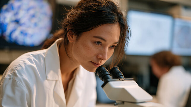 Research technician in sterile laboratory hood leans over a fluorescence microscope examining color-coded connectome mapping slides, neural wiring diagrams projected on wall