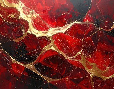 Abstract network of golden threads and nodes against rich crimson texture