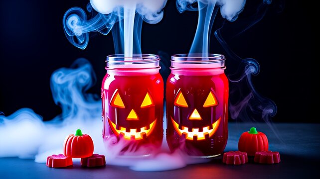 Glowing halloween pumpkin jars with smoke on dark spooky background