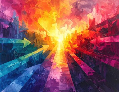 Vibrant, abstract explosion of color with converging directional arrows