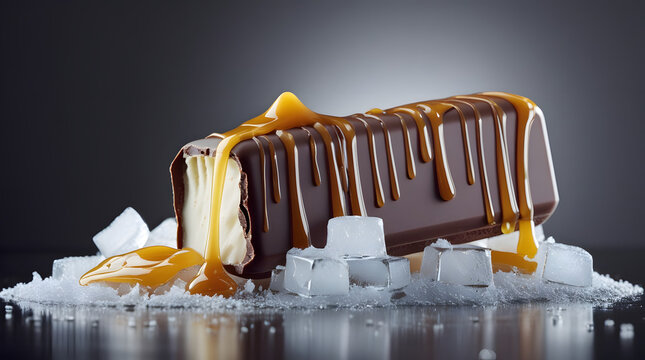 Luxury chocolate ice cream bars with golden caramel syrup dripping down, standing in a line on frozen ice blocks, commercial confectionery banner.