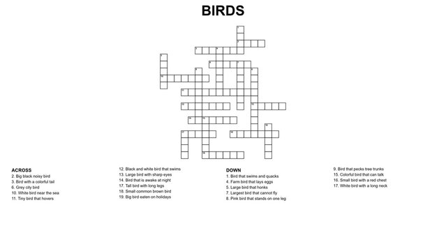 Simple crossword puzzle themed around birds. Black and white grid displays bird-related clues. Across and down words challenge users with avian terms