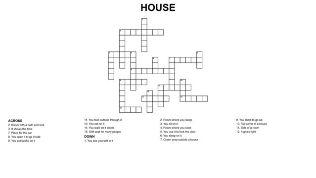 Simple crossword puzzle with theme "HOUSE". Black lines form a grid of intersecting words. Clues listed below and beside the grid. Perfect for educational, puzzle, or print media use