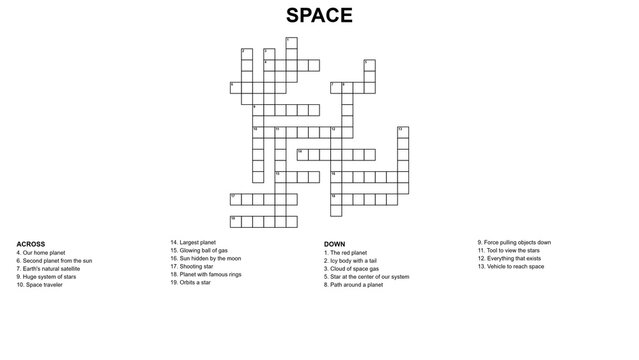 Clean crossword puzzle with space-themed clues. Grid neatly arranged for easy solving. Across and down entries relate to astronomy terms. Simple black-and-white design for classroom or print use