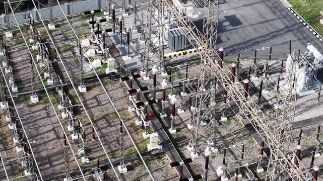 Aerial view of massive power transmission infrastructure