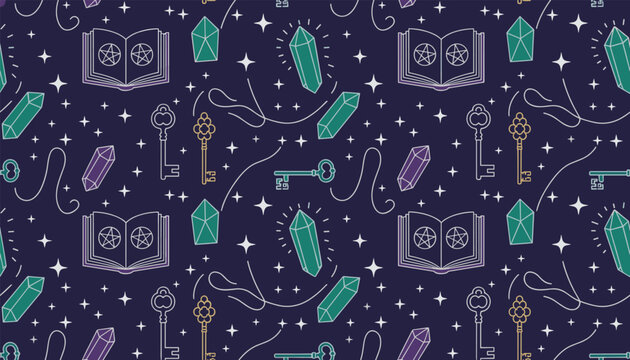 Magical seamless pattern with spell books crystals and keys