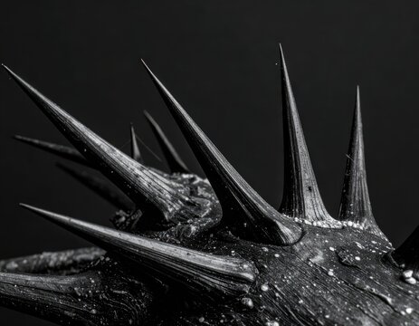 Sharp, menacing thorns protrude from a textured, dark branch in a stark, monochrome image