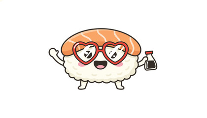 Fototapeta premium Cute sushi character wearing heart shaped glasses and holding soy