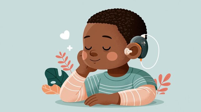 Flat vector illustration of a child wearing a cochlear implant, minimalist healthcare style