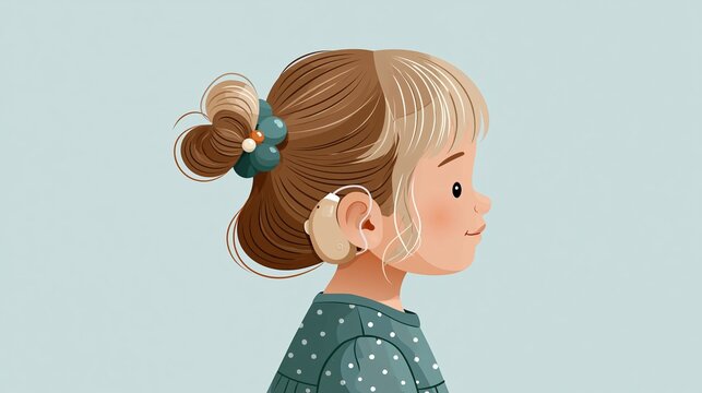 Flat vector illustration of a child wearing a cochlear implant, minimalist healthcare style