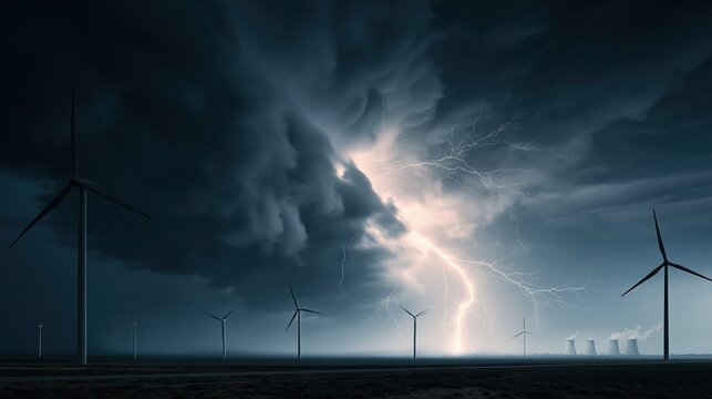Thunderstorm Over Wind Farm with Renewable Energy Turbines