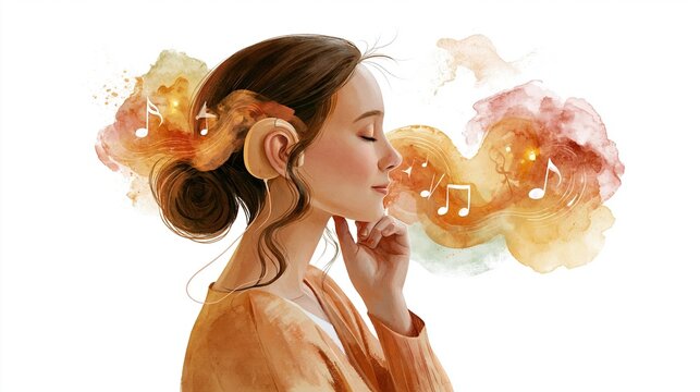 Watercolor-style illustration of a person with a cochlear implant listening to music, soft warm color palette