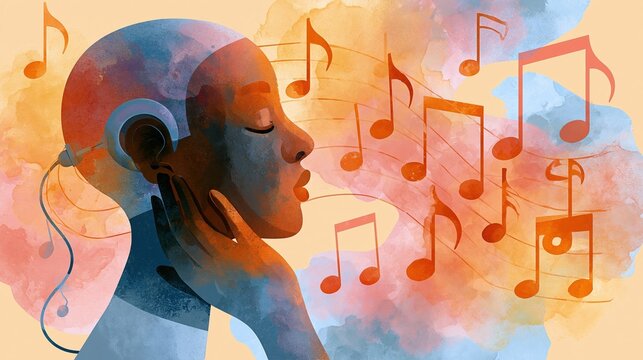 Watercolor-style illustration of a person with a cochlear implant listening to music, soft warm color palette