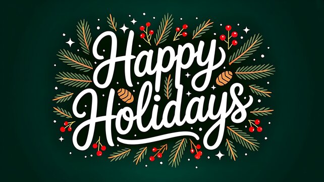 Happy holidays greeting typography with festive decorations on green background