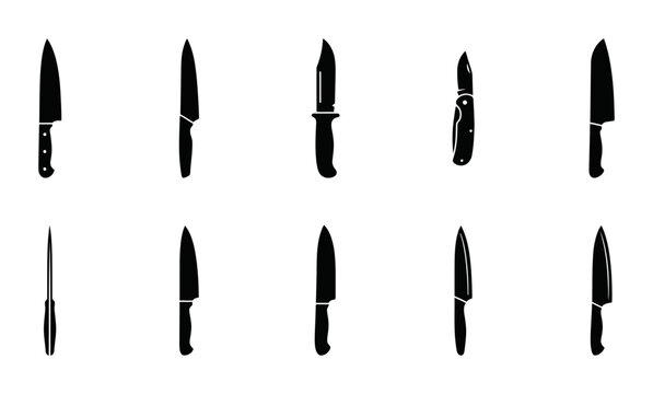 Kitchen Knife Silhouette Icon Set Featuring Professional Chef Blades and Cooking Utensil Collection