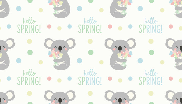 Seamless pattern of cute koala holding a bouquet of flowers