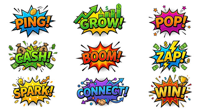 Colorful set of comic book style speech bubbles featuring business growth slogans and vibrant pop art vector graphic design elements