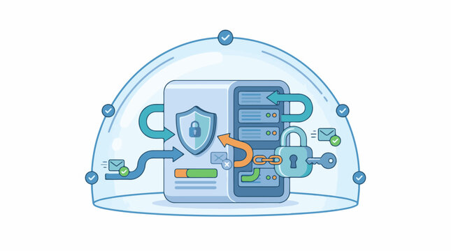 Digital data protection with secure server lock shield and email icons